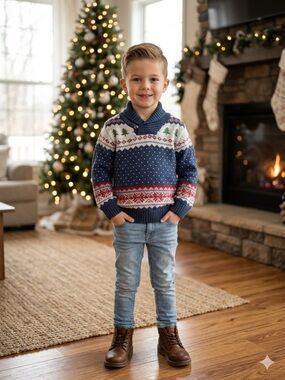 Nagesh Knit Sweet Magnolia fair isle holiday sweater Nordic 1/4 button shawl 5Y.